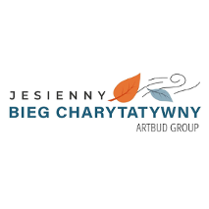 Logotyp Jesiennego Biegu Charytywnego - ciemna nazwa imprezy, a obok 2 jesienne liście