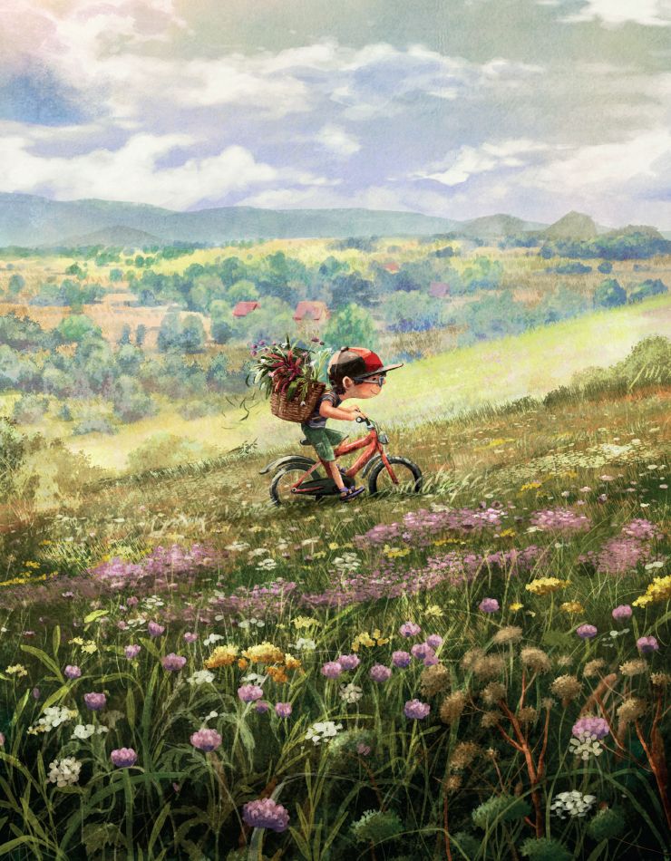 Mała sówka frunie wokół drzewa, pełnego świecących okienek i łańcuchów. Nastrój obrazka jest wesoły, magiczny.