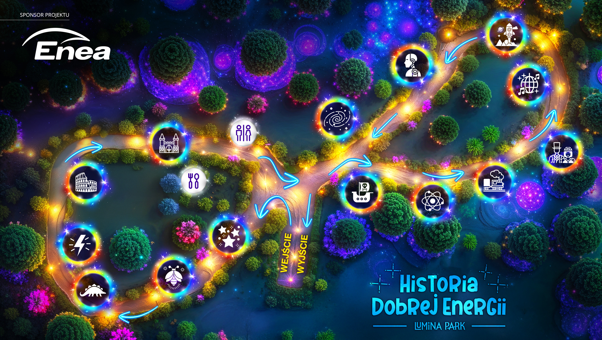 Mapa atrakcji w Lumina Park w Poznaniu. Z logo Enea w lewym górnym rogu.
