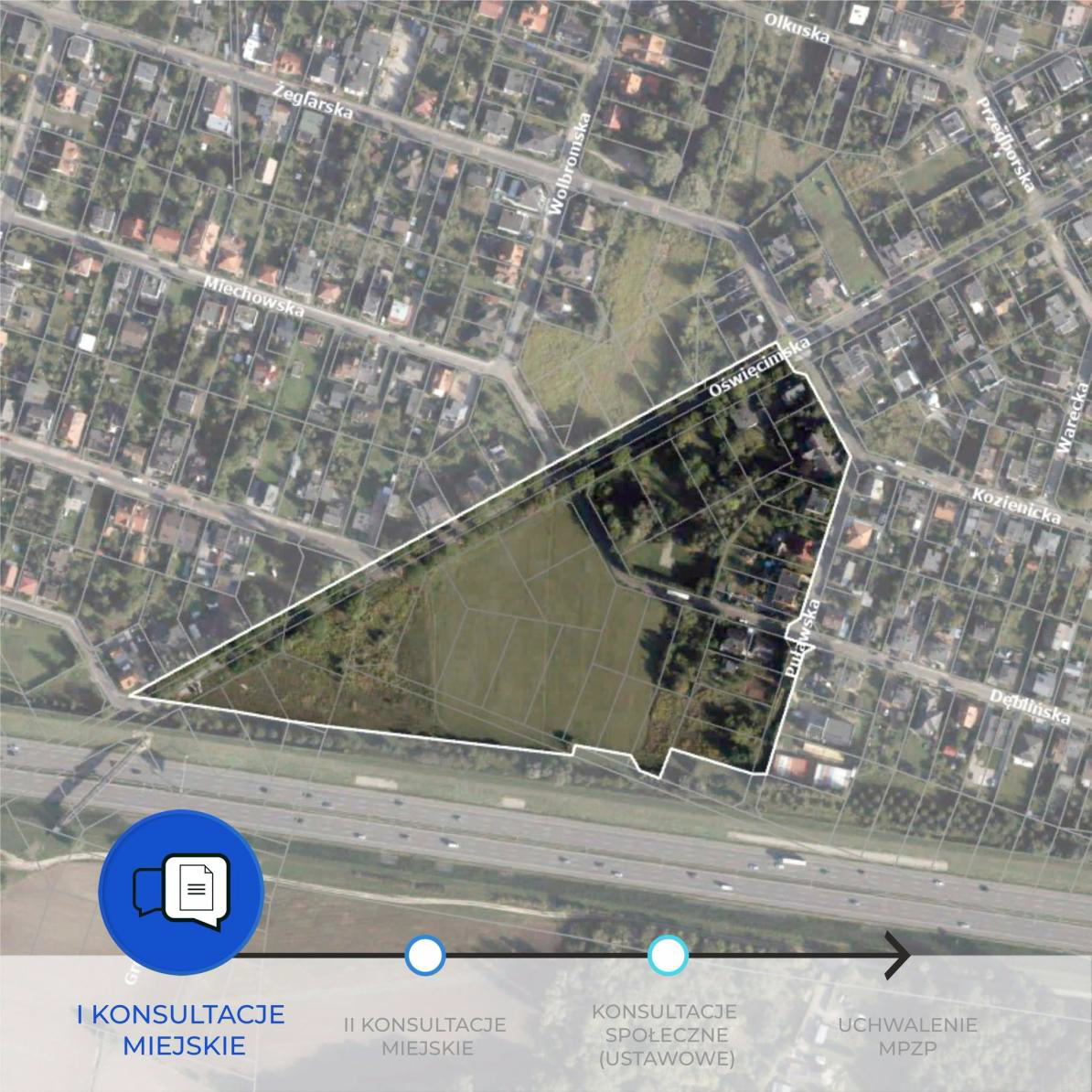 Mapa granicy projektu miejscowego planu zagospodarowania przestrzennego w rejonie ulicy Oświęcimskiej w Poznaniu. Obszar projektu oznaczono białą linią.