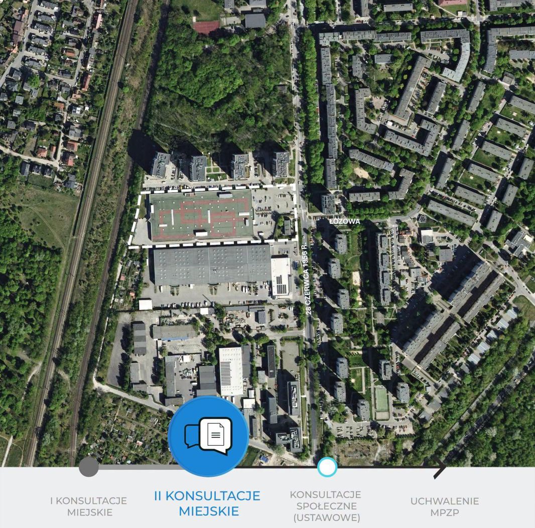 Mapa granicy projektu miejscowego planu zagospodarowania przestrzennego w rejonie ulic 28 czerwca i Łozowej w Poznaniu. Obszar projektu oznaczono białą linią.