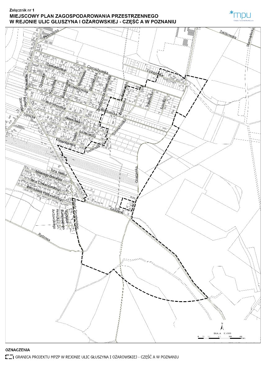 Mapa granicy projektu miejscowego planu zagospodarowania przestrzennego w rejonie ulic Głuszyna i Ożarowskiej - część A w Poznaniu. Mapa i na niej obszar projektu oznaczony czarną przerywaną linią.
