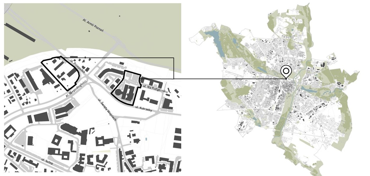 Mapa granicy projektu miejscowego planu zagospodarowania przestrzennego w rejonie ulic Przepadek i Na Podgórniku w Poznaniu. Obszary projektu oznaczone czarnymi liniami na mapie.