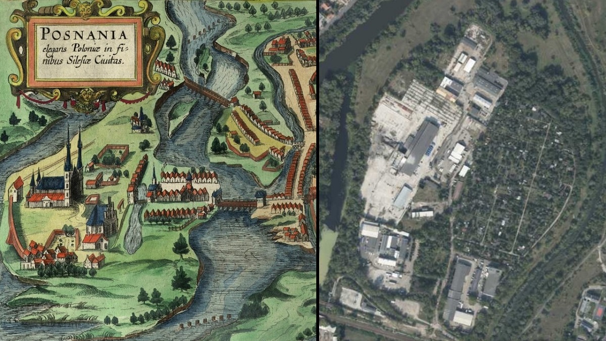 mapa historycznego Ostrowa Tumskiego i współczesnej zdjęcie lotnicze tego miejsca