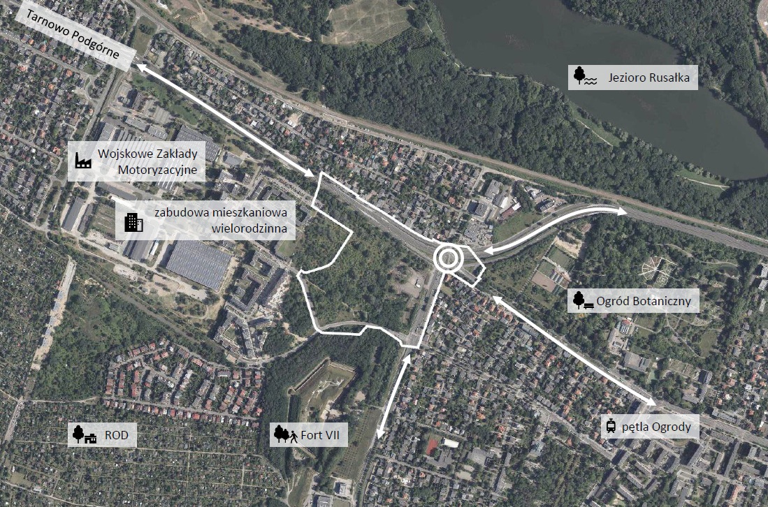 mapa lotnicza z zaznaczonymi granicami miejscowego planu zagospodarowania przestrzennego