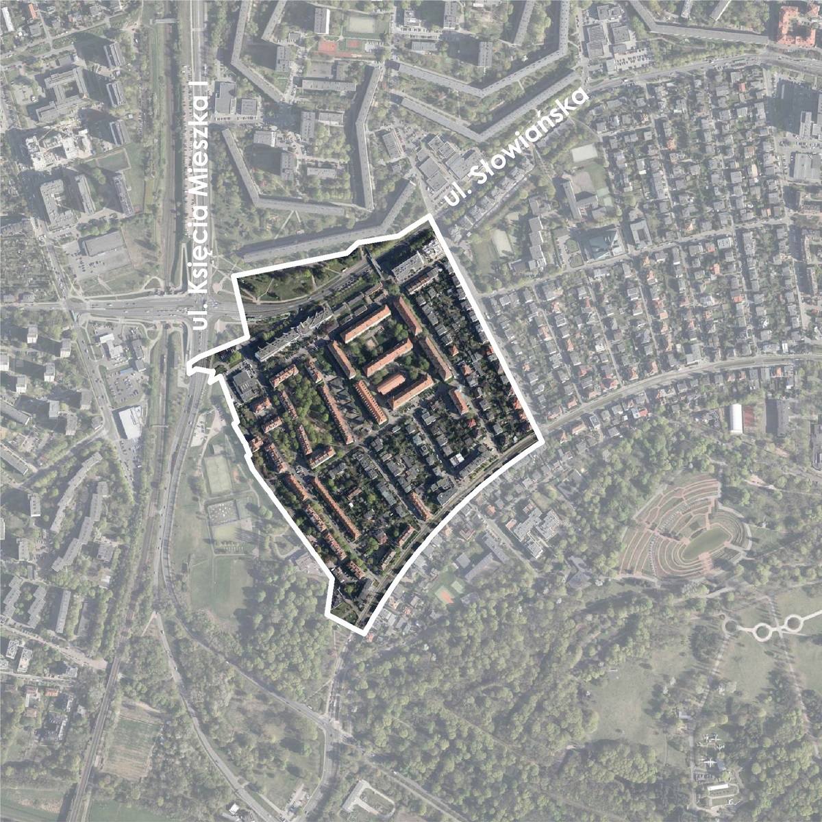 Mapa lotnicza z zaznaczonymi granicami terenu objętego projektem miejscowego planu zagospodarowania przestrzennego dla obszaru "Stare Winogrady - część zachodnia"