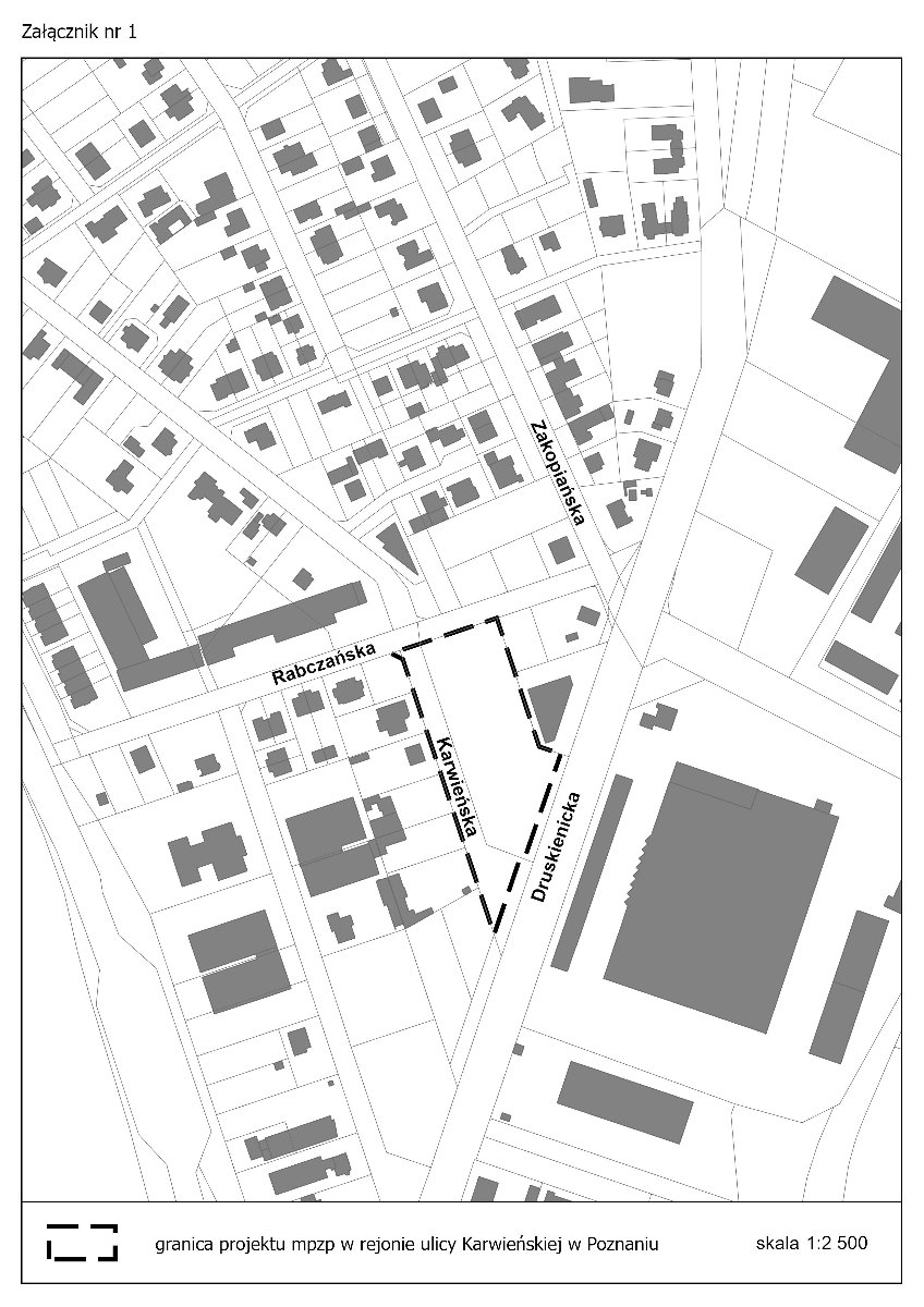 Mapa pokazująca kontury ulic, zaznaczone są budynki.
