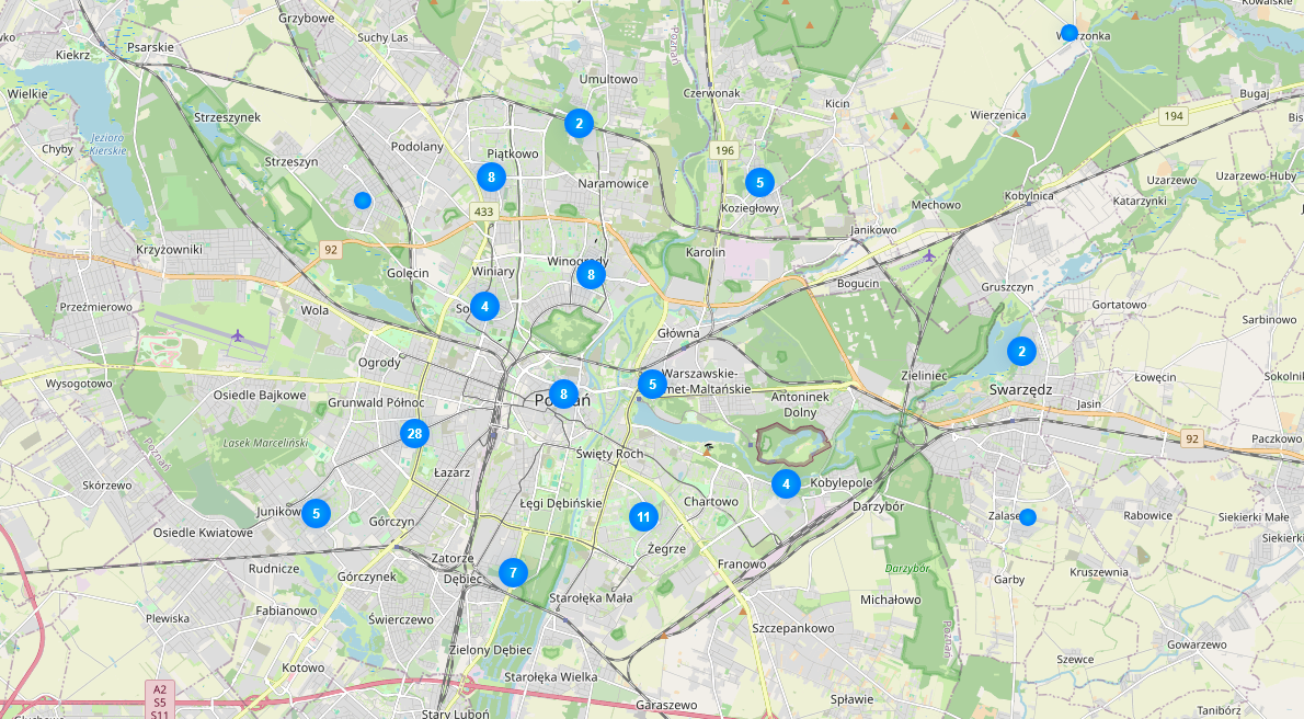 Mapa Poznania z zaznaczonymi miejscami lokalizacji schronów i budowli ochronnych - grafika artykułu