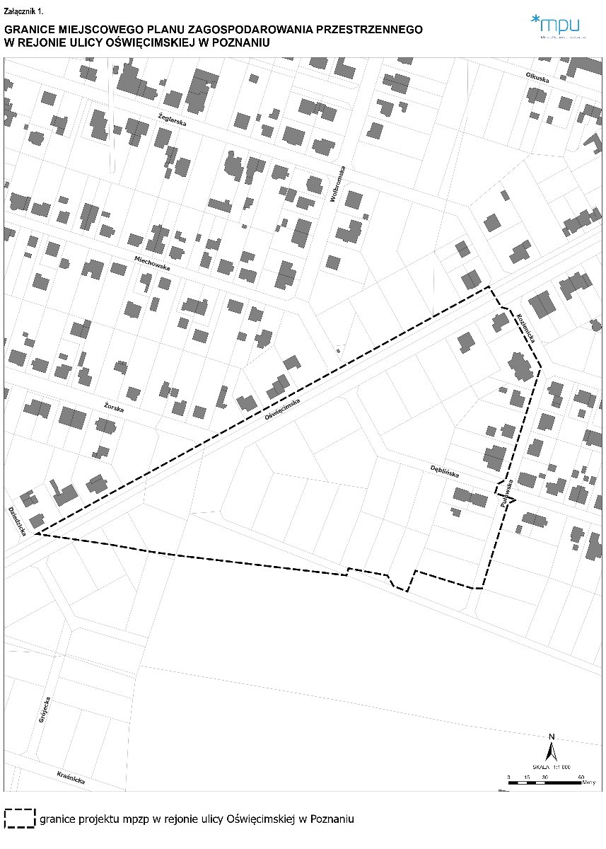 Mapa przedstawia zarys działek i budynków w rejonie ulicy Oświęcimskiej w Poznaniu. Grubą, przerywaną linią zaznaczono granice obszaru objętego planem zagospodarowania, który opiera się m.in. o ulice: Oświęcimską, Kozienicką i Puławską.