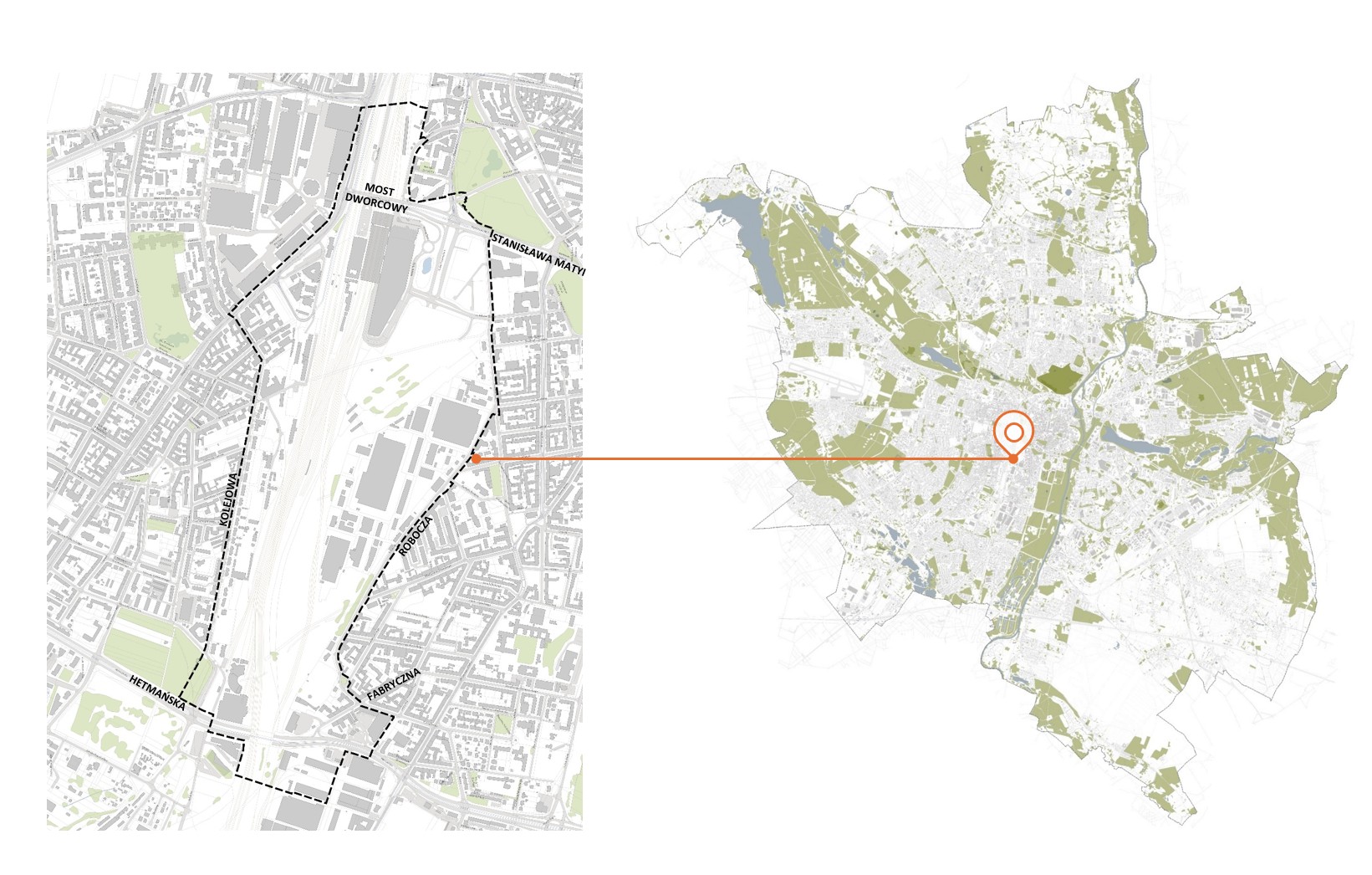 Mapa przedstawiająca lokalizację obszaru "Wolne Tory" w Poznaniu. Po lewej stronie pokazano szczegółową mapę terenu ograniczonego m.in. ulicami Hetmańską, Kolejową, Roboczą i Mostem Dworcowym, a po prawej jego położenie na mapie całego miasta.