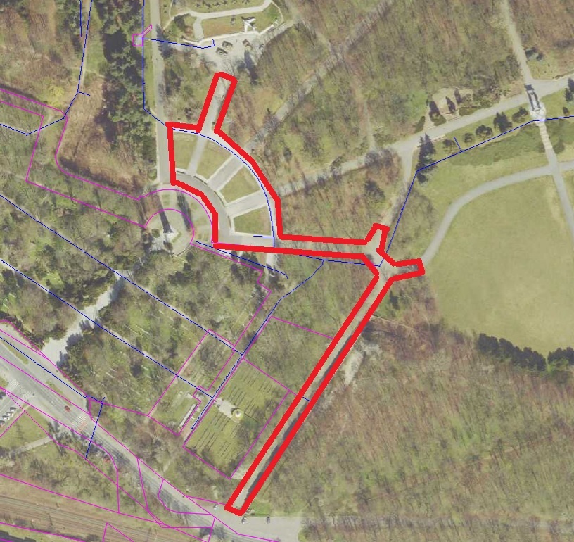 Mapa przedstawiająca obszar wyłączony z użytkowania - budowa kanalizacji sanitarnej do Muzeum Uzbrojenia