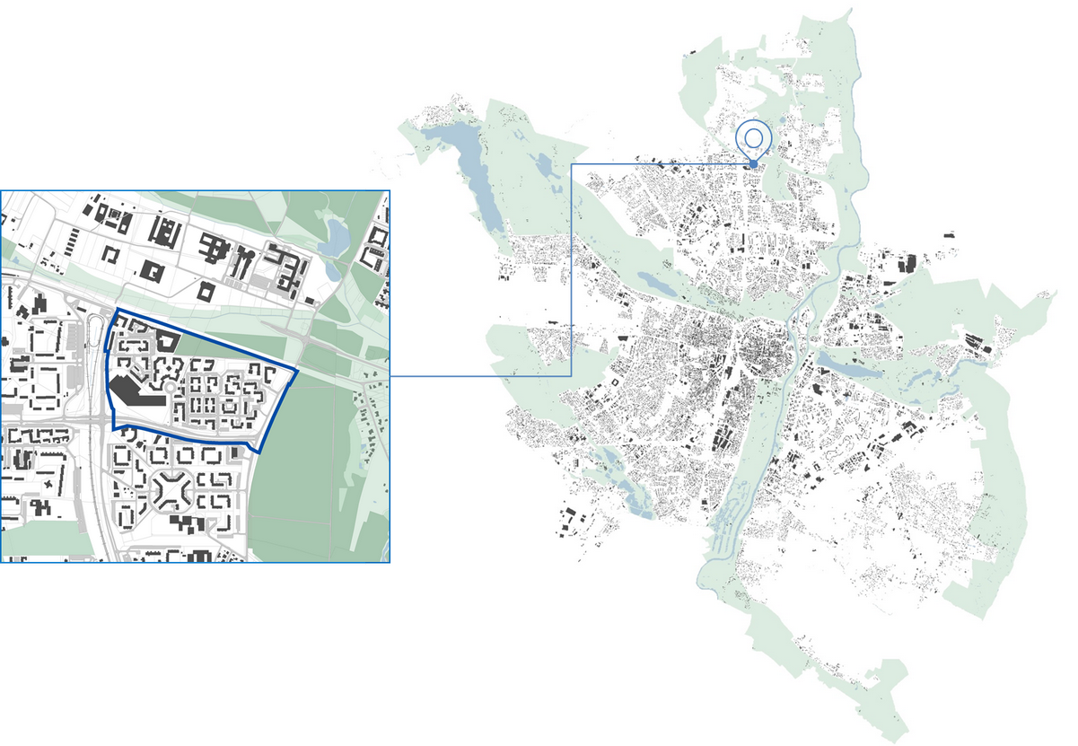 mapa urbanistyczna przedstawiająca lokalizację i granice projektu miejscowego planu zagospodarowania przestrzennego dla obszaru "Osiedle Stefana Batorego - część północna" w Poznaniu