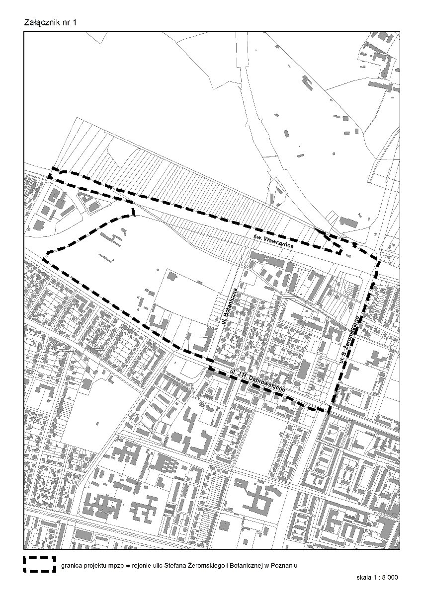 Mapa z konturami ulic i budynków z wyrysowanymi działkami wchodzącymi w granice mpzp