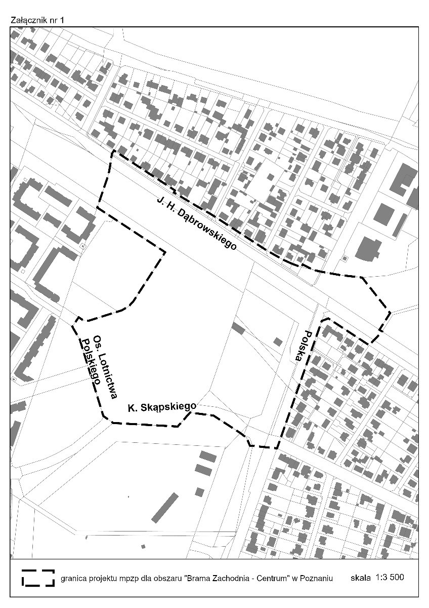 Mapa z konturami ulic i budynków z wyrysowanymi działkami wchodzącymi w granice mpzp