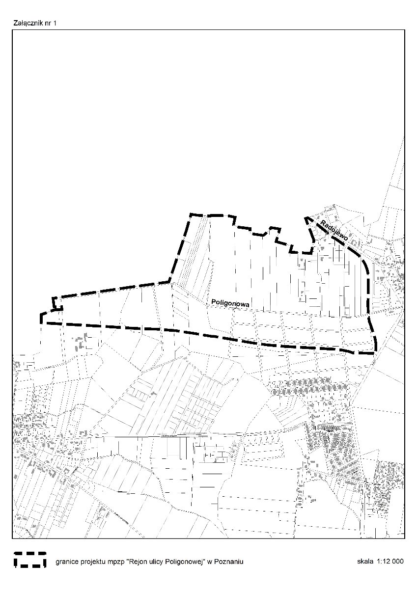 Mapa z konturami ulic i budynków z wyrysowanymi działkami wchodzącymi w granice mpzp
