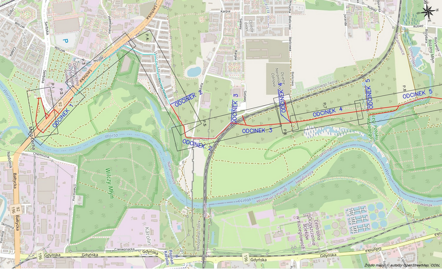 mapa z orientacyjnym przebieg ścieżki pieszo-rowerowej Wartostrada do Owińsk, podzielonym na odcinki