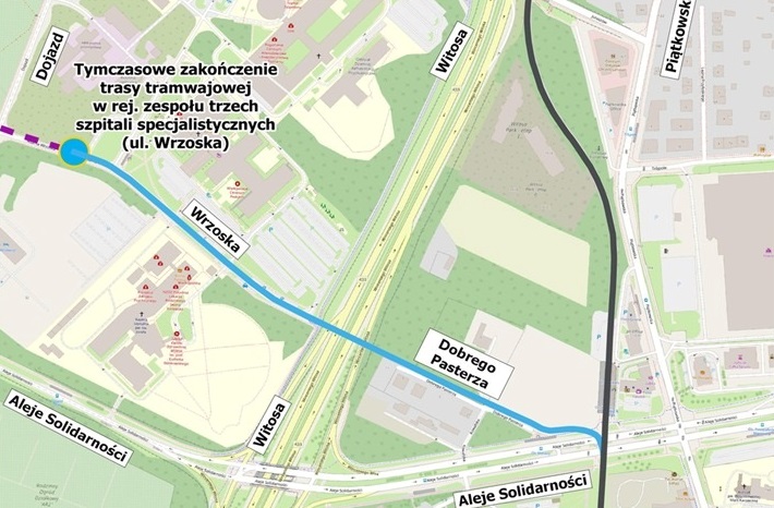 mapa z planowanym przebiegiem I etapu trasy tramwajowej w kierunku Podolan, I etap do ul. Wrzoska