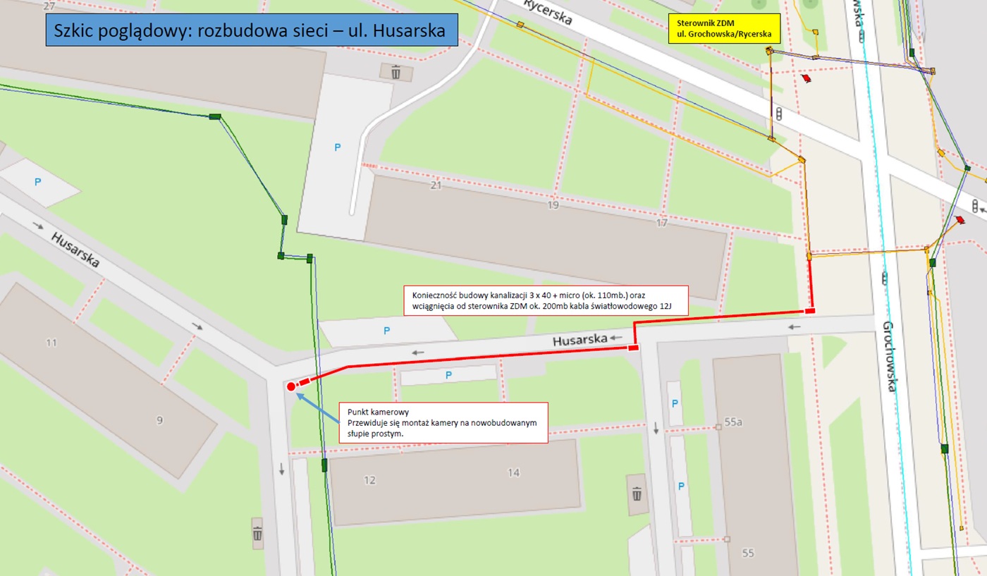 mapa z zaznaczonym szkicem rozbudowy systemu monitoringu miejskiego