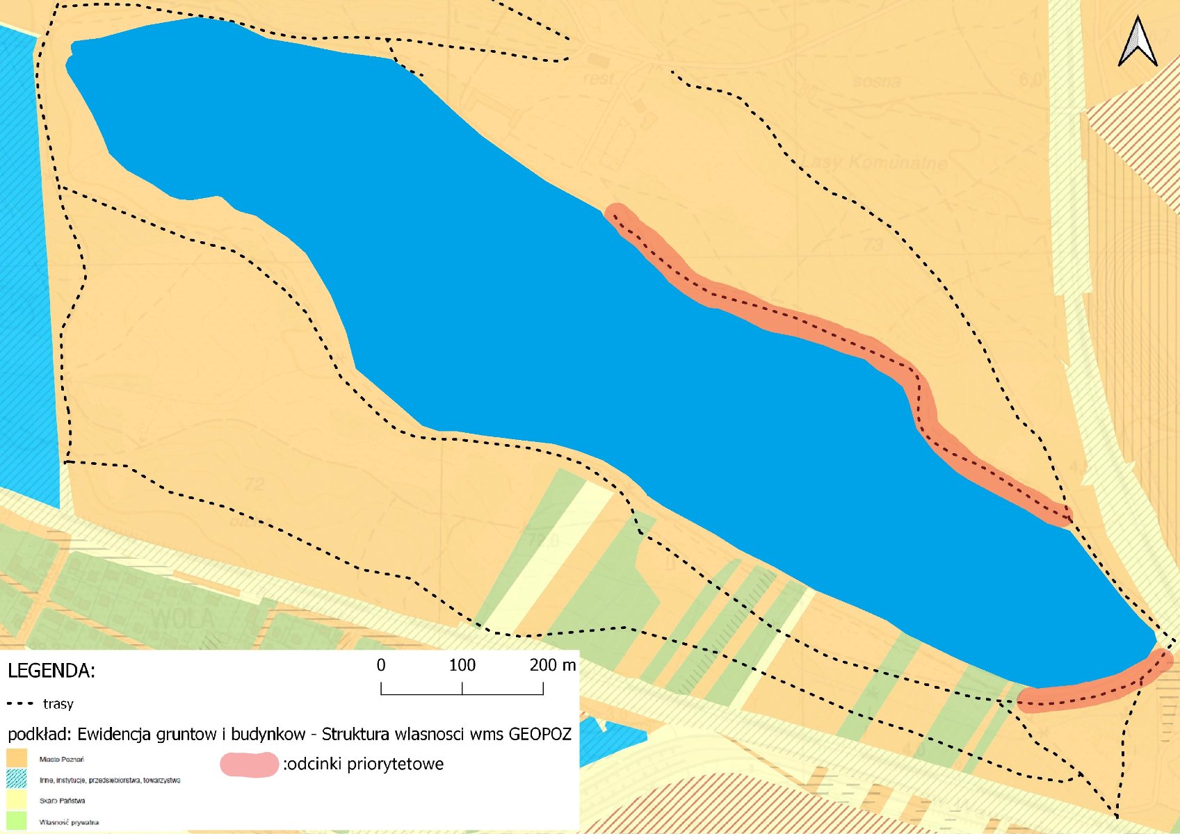 Mapka przedstawiająca teren wokół jeziora.