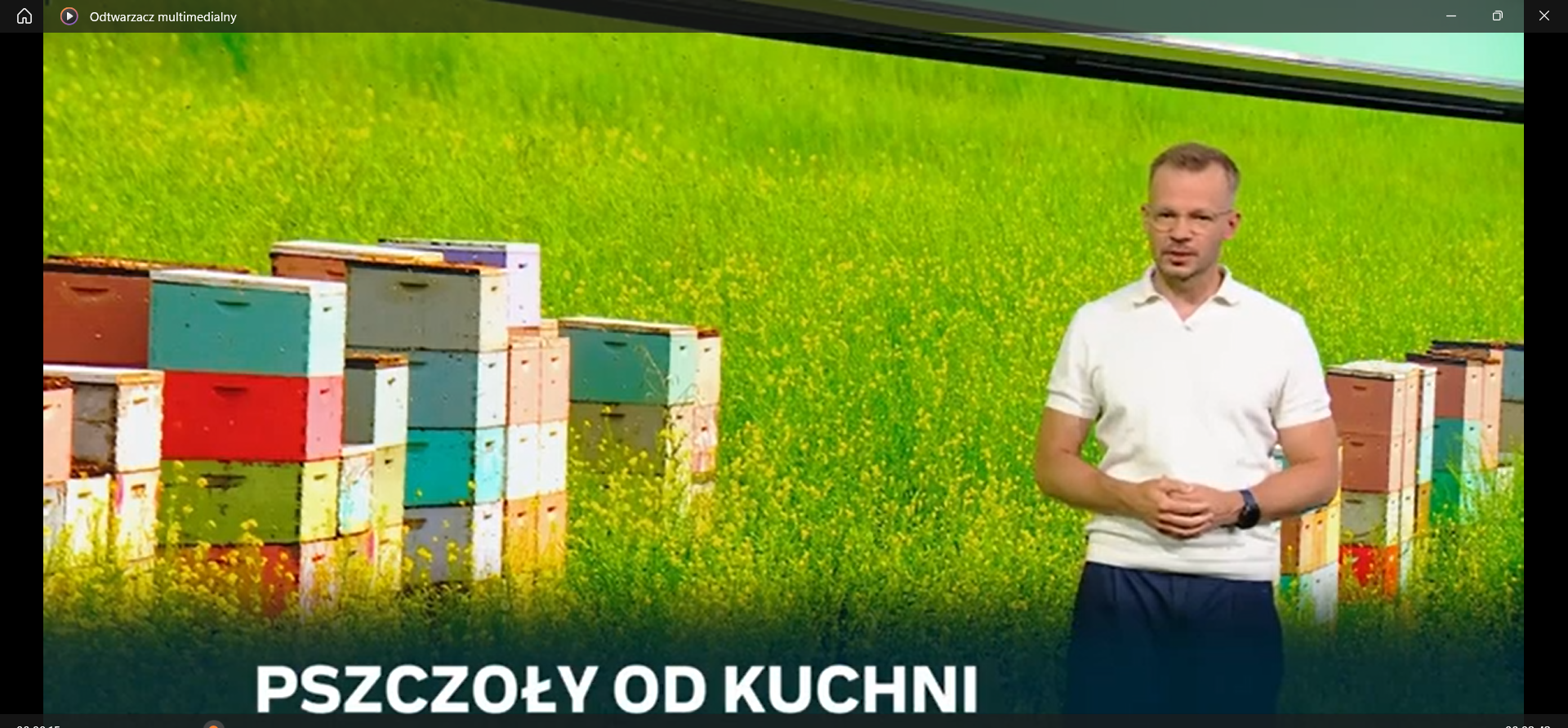 Mężczyzna, dziennikarz prowadzący program, w białej koszulce stoi na tle dużego zdjęcia pasieki z kolorowymi ulami ustawionymi na kwitnącym, żółto-zielonym polu. U dołu ekranu widoczny jest napis "PSZCZOŁY OD KUCHNI".