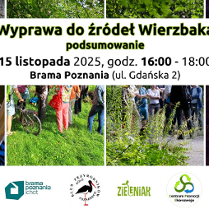 Kolaż zdjęć ze spacerów, na nich napis: Wyprawa do źródeł Wierzbaka podsumowanie, 15 listopada 2025, godz. 16:00 -18:00 rama Poznania (ul. Gdańska 2). U dołu loga organizatorów.