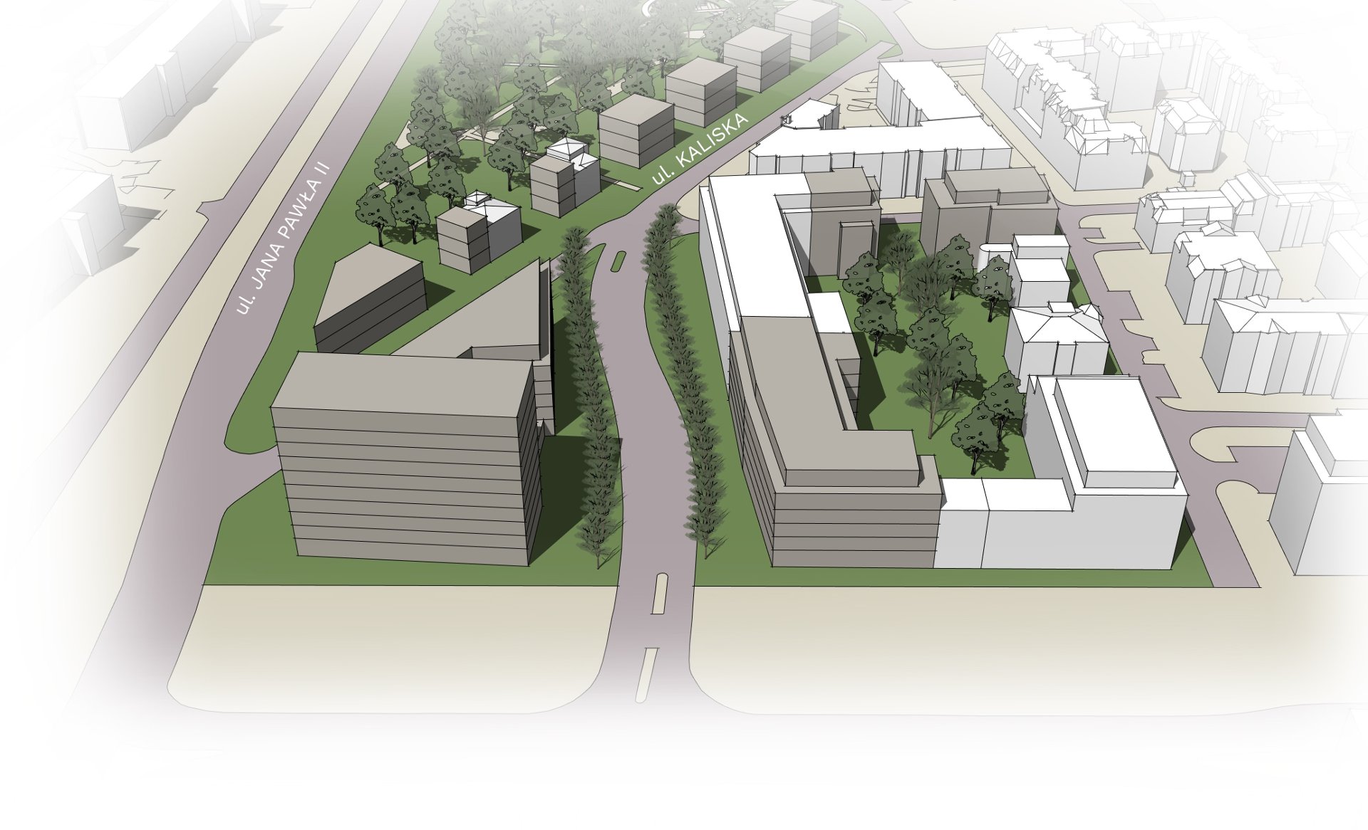model 3D. Wizualizacja przedstawia bryły istniejącej i projektowanej zabudowy. Kolorem zielonym podkreślono tereny zieleni i drzewa.