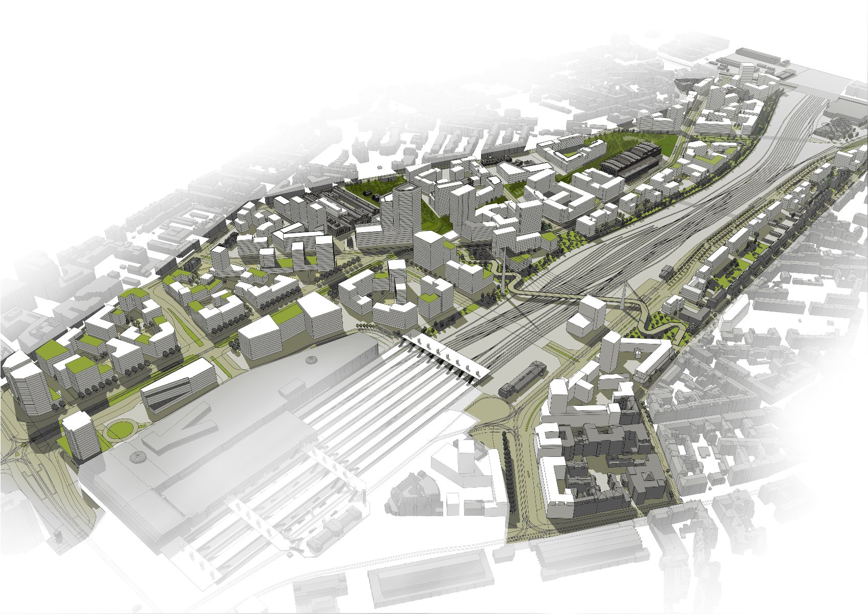 Model architektoniczny lub wizualizacja urbanistyczna dużej części miasta z lotu ptaka. Dominują nowoczesne, geometryczne bloki budynków w kolorach białym i szarym, z zielonymi dachami. W centralnej części widoczne tory kolejowe i duży, szary teren dworca, a także obszar planowanej zabudowy.