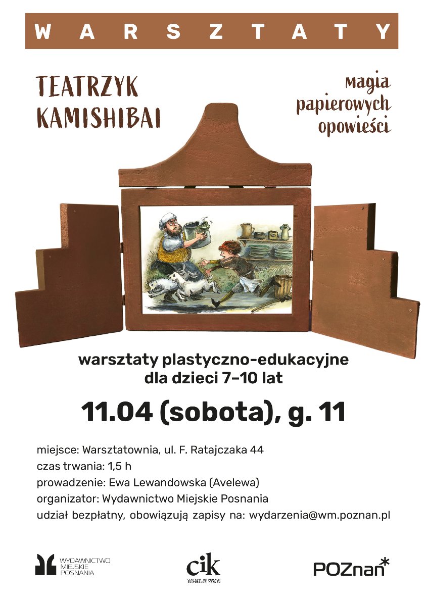 Na białym tle drewniany teatrzyk kamishibai z obrazkiem przedstawiającym chłopca, dwa koziołki i kucharza trzymającego duży garnek. Wokół teatrzyku informacje na temat warsztatów, białe tło.