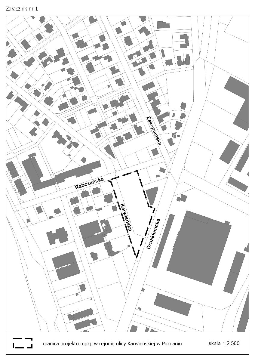 Na białym tle, przedstawia mapę z konturami ulic i budynków do projektu miejscowego planu