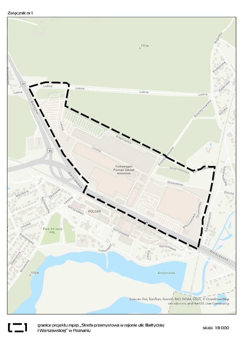 Na białym tle, przedstawia mapę z konturami ulic i budynków do projektu miejscowego planu