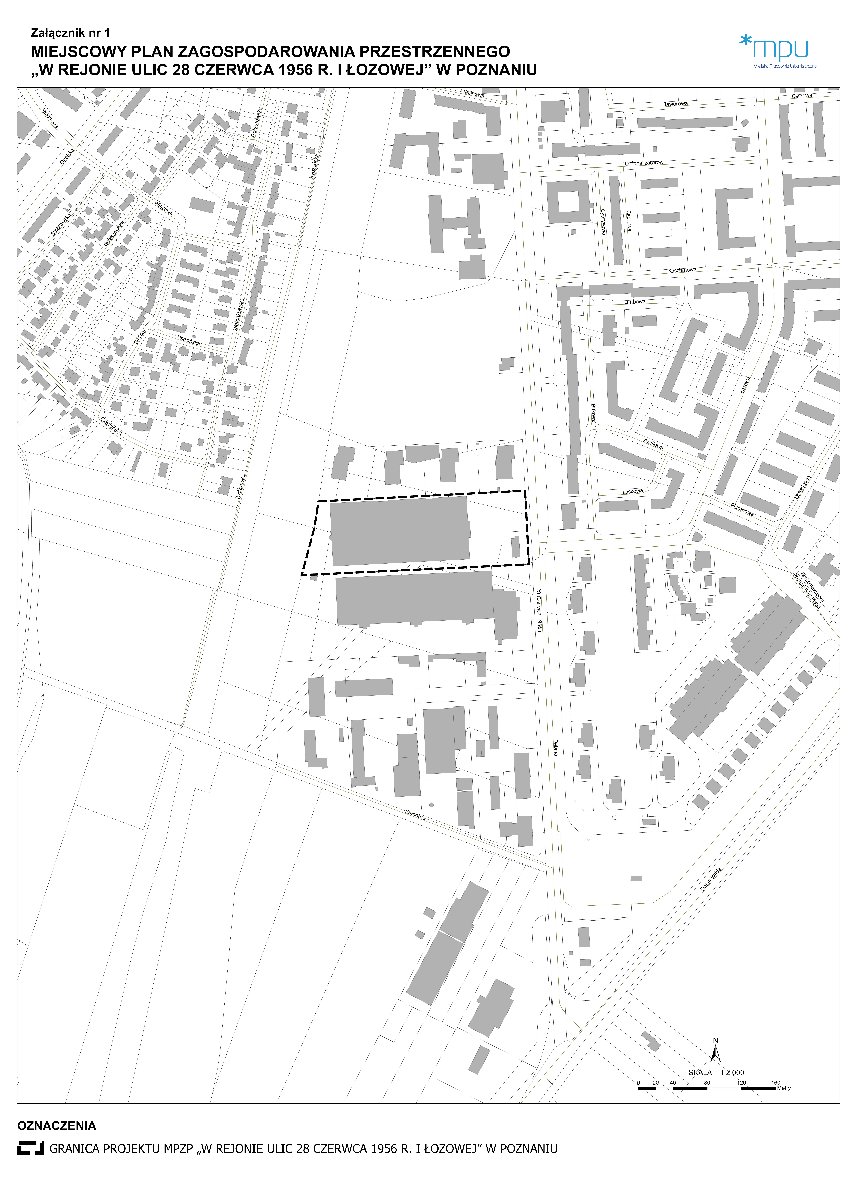 Na białym tle, przedstawia mapę z konturami ulic i budynków do projektu miejscowego planu