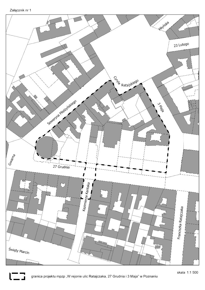 Na białym tle, przedstawia mapę z konturami ulic i budynków do projektu miejscowego planu