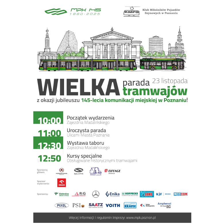 Na białym tle rysunki znanych obieków w Poznaniu, a przed nimi stojące zielony tramwaj i zielony autobus. Poniżej program wydarzeń.
