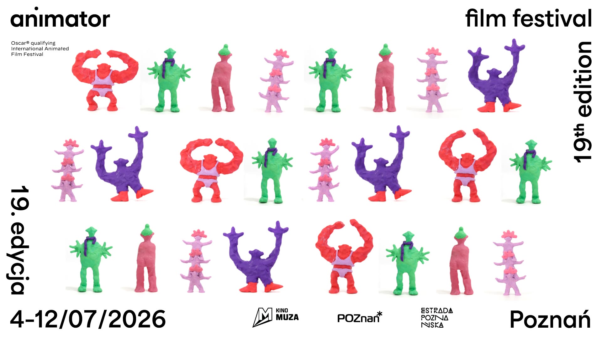 na białym tle trzy rzędy kolorowych ludzików, napisy animator film festiwal, dziewiętnasta edycja czwarty dwunalsty lipca