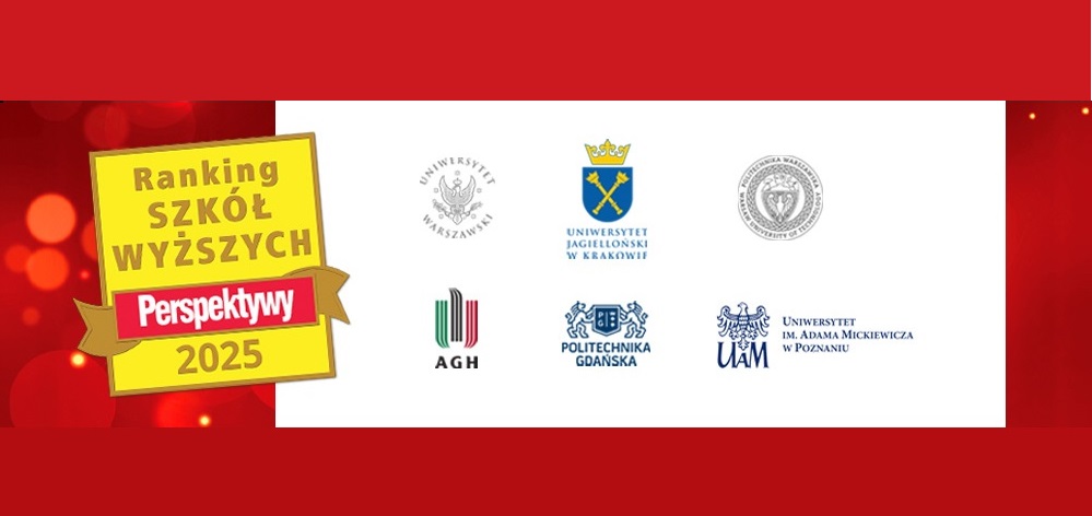 na biłao czerwonym tle loga uczelni wyższych bioracych udział w rankingu Perspektywy 2025