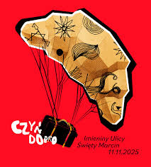 na czerwonym tle rysunek lecącego rogala w formie czaszy balonu, pod nim na sznurach zamiast kosza skrzynia. Poniżej informacje o wydarzeniu: data, tytuł