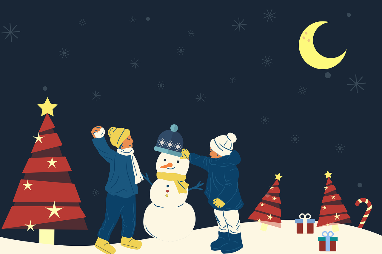 Na grafice dwoje dzieci lepi bałwana.