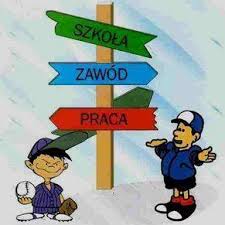 Na grafice przedstawiono dwie postacie oraz drogowskaz z napisami " Szkoła, zawód, praca"