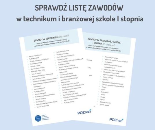 Na grafice zaprezentowano listę zawodów w technikum i branżowej szkole.