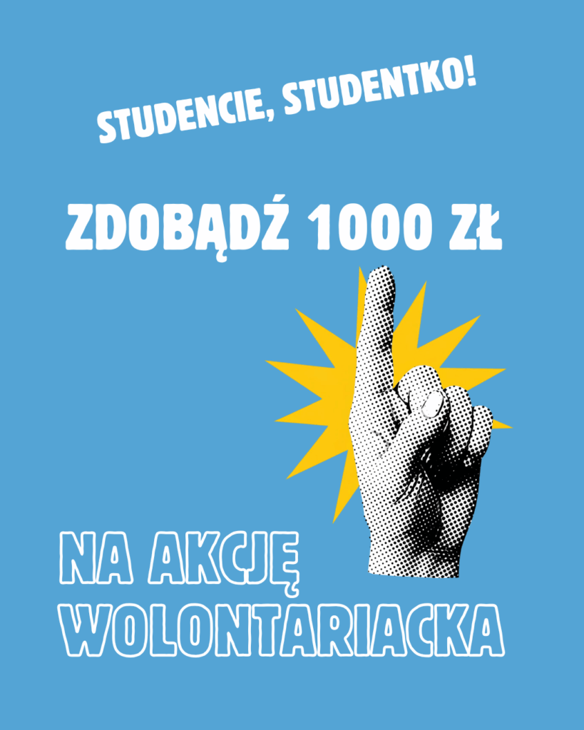 na niebieskim tle informacje dotyczace akcji wolontariackie, które zawarte sa również w treści newsa
