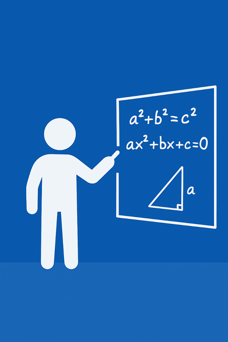 Na niebieskim tle znajduje się biała postać i pisze na białej tablicy wyrażenie matematyczne