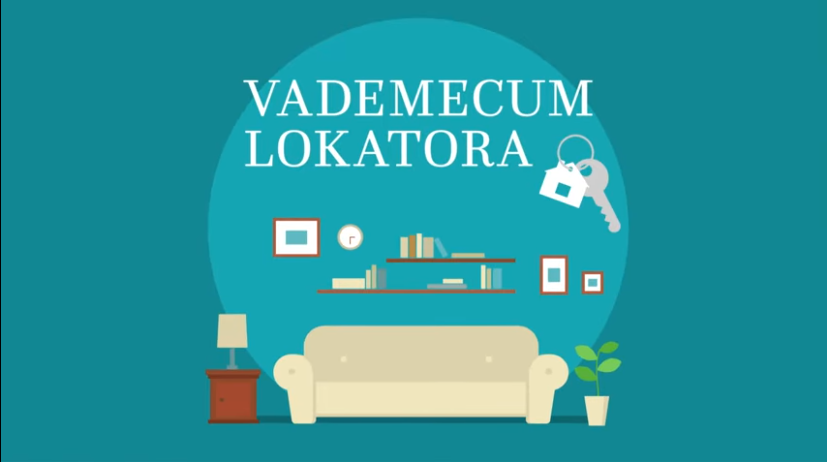Na środku grafiki widać napis "Vademecum Lokatora". Pod napisem jest obrazek breloczka z kluczami do mieszkania oraz kanapy, półek z książkami, obrazów na ścianie i roślinki. Tło grafiki jest błękitne.