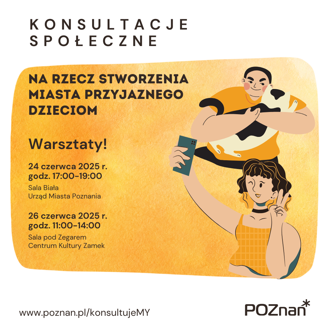 Na szaro-zółtym tle informacje o dacie, miejscu, tematyce i zaproszonych gosciach warsztatu oraz grafika przedstawijąca dziewczynkę z telefonem oraz chłopca przytulającego kota
