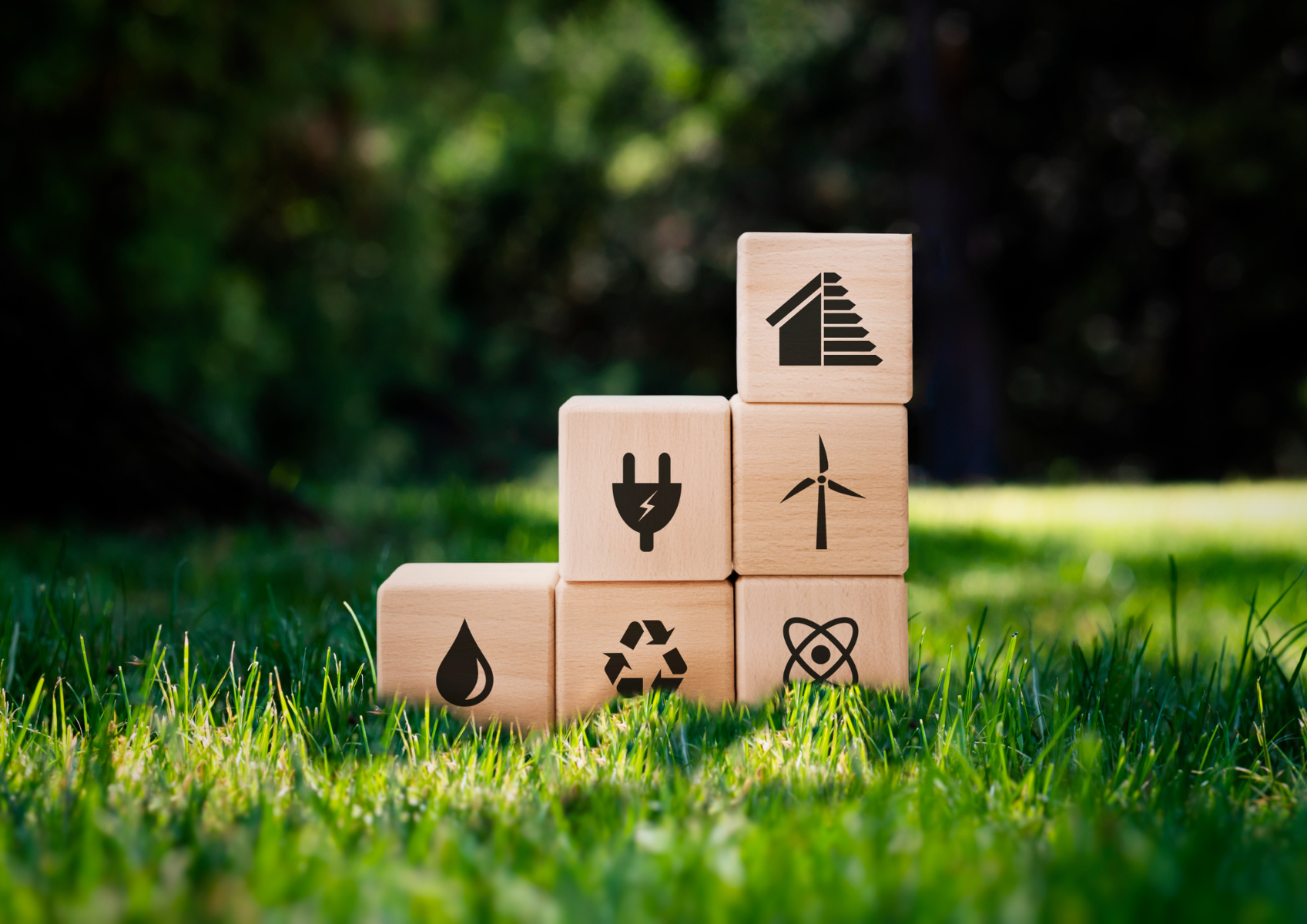 Na trawie ustawione sa drewniane klocki z ikonkami symbolizującymi energię odnawialną, atom, wodę, recykling itp.