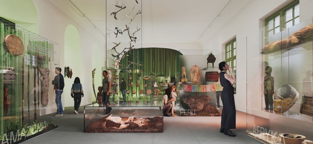 Na wizualizacja duża sala wystawowa, w której poza szarością dominuje spokojny kolor zieleni, przechadzają się po niej ludzie.