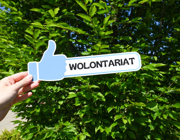 Na zdjeciu baner z napisem: wolontariat i kciukiem w górę, trzymany w dłoni, w tle rośliny
