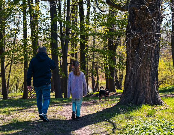 Na zdjeciu dorosły z dzieckiem na spacerze w lesie, w tle pies