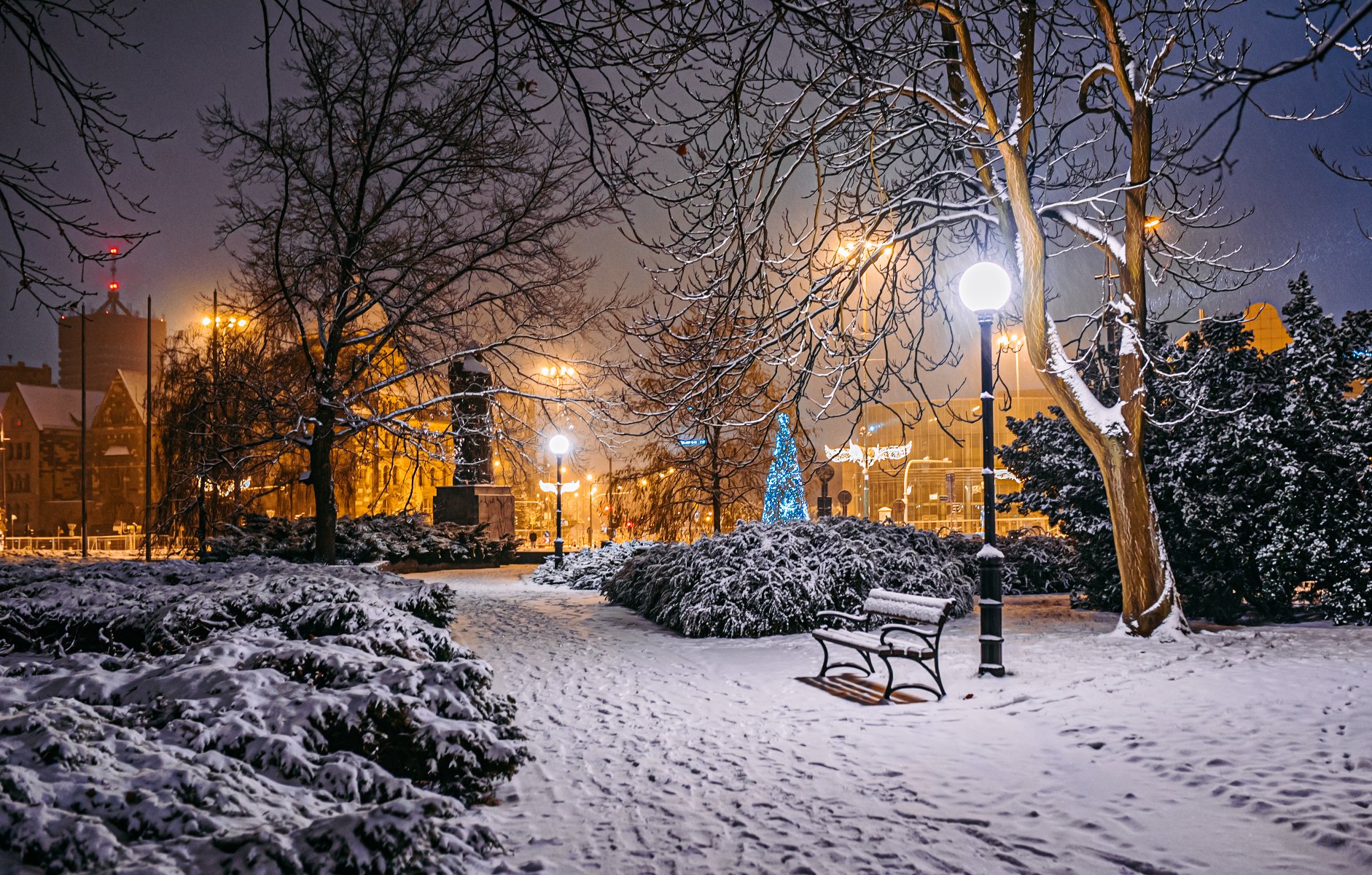 Na zdjeciu park miejski pokryty sniegiem