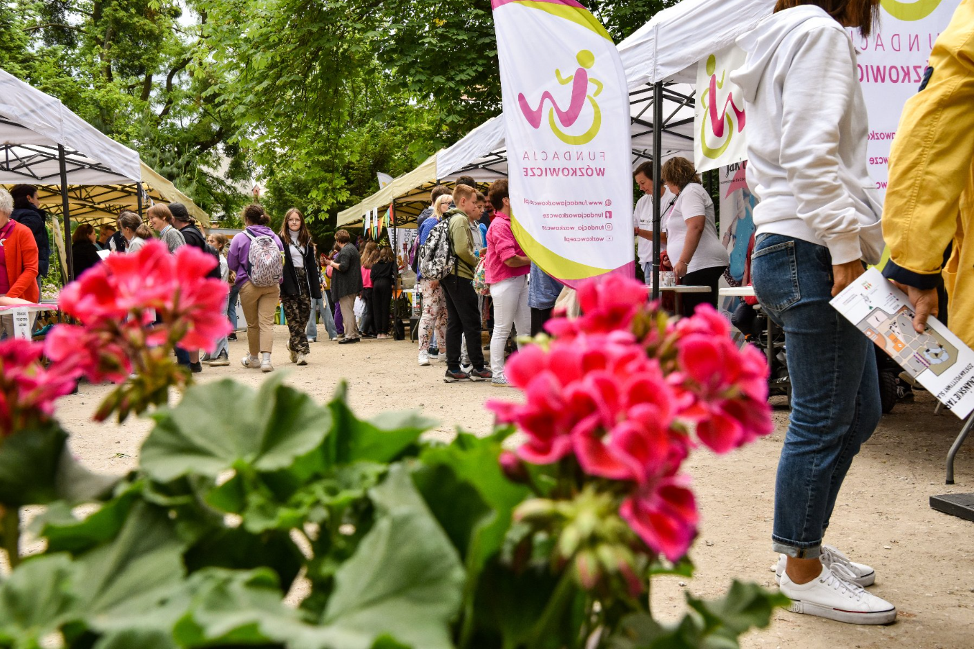 Na zdjęciu park, w nim stoiska NGO, wokół przechadzają się ludzie, na pierwszym planie kwiaty