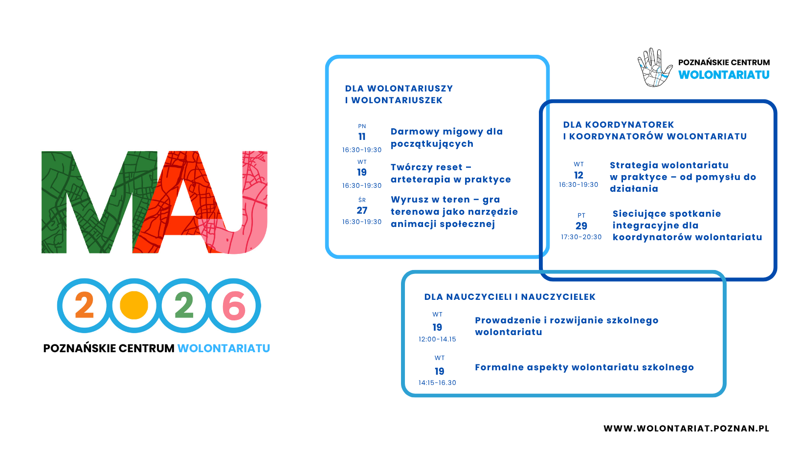 Na zdjęciu po lewej stronie znajduje się kolorwy napis "Maj 2026 Poznańskie Centrum Wolontariatu". Po prawej stronie zdjęcia znajdują się trzy ramki z datami warsztatów.